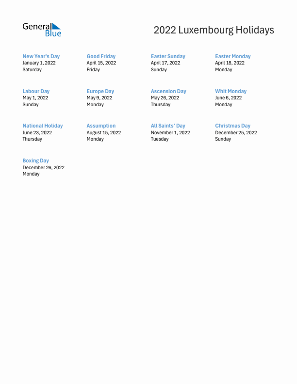 Free printable list of Luxembourg holidays for year 2022