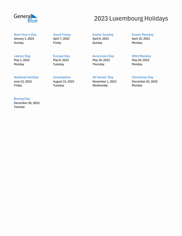 Free printable list of Luxembourg holidays for year 2023