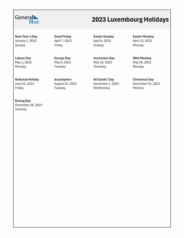 Free printable list of Luxembourg holidays for year 2023