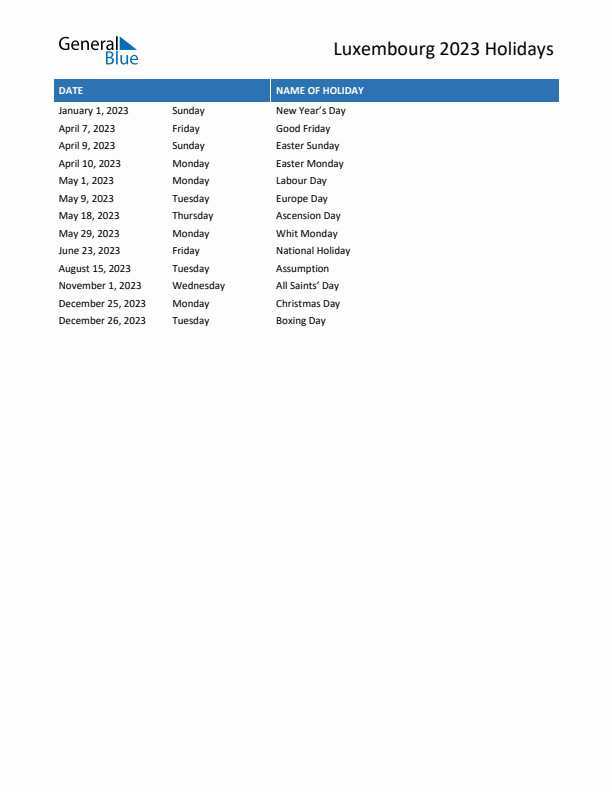 Free printable list of Luxembourg holidays for year 2023