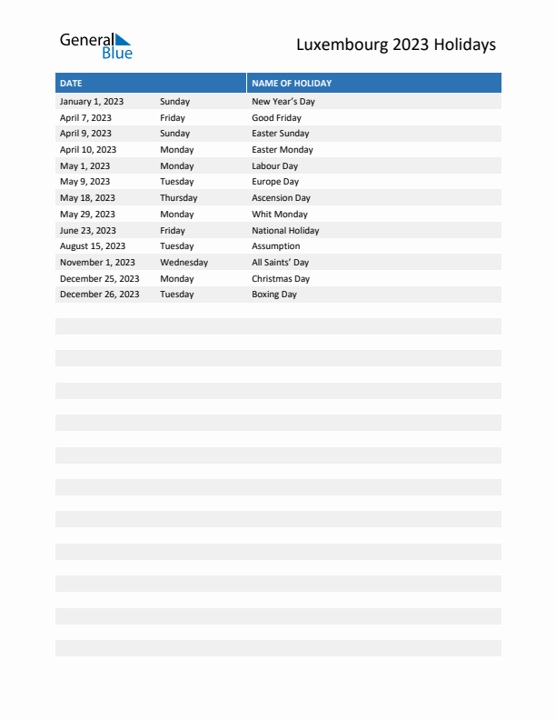 Free printable list of Luxembourg holidays for year 2023