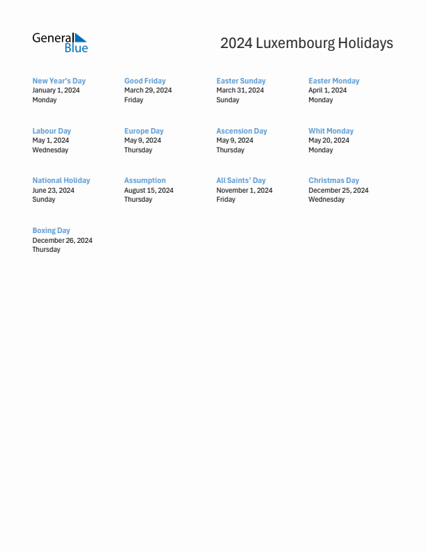 Free printable list of Luxembourg holidays for year 2024