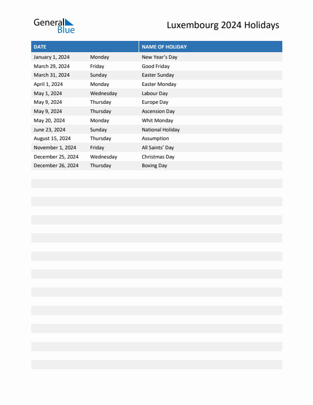 Free printable list of Luxembourg holidays for year 2024