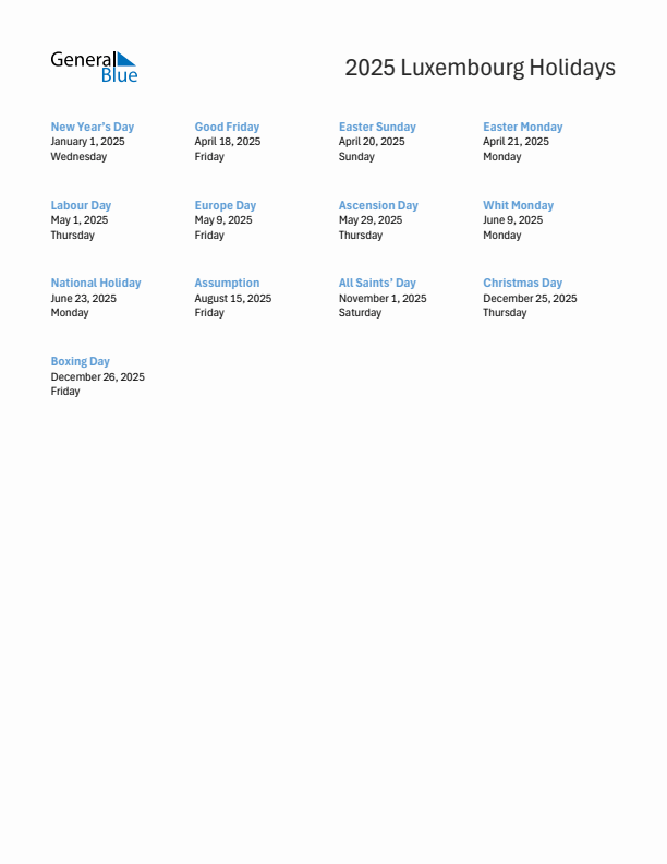 Free printable list of Luxembourg holidays for year 2025