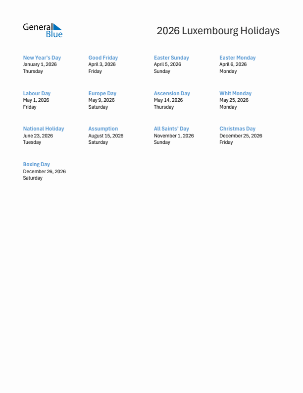 Free printable list of Luxembourg holidays for year 2026