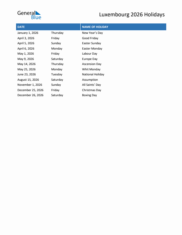 Free printable list of Luxembourg holidays for year 2026