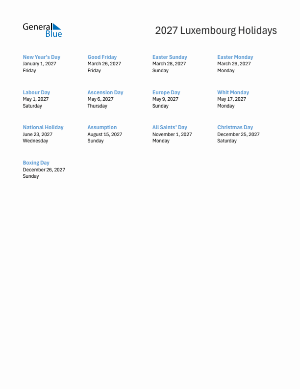 Free printable list of Luxembourg holidays for year 2027