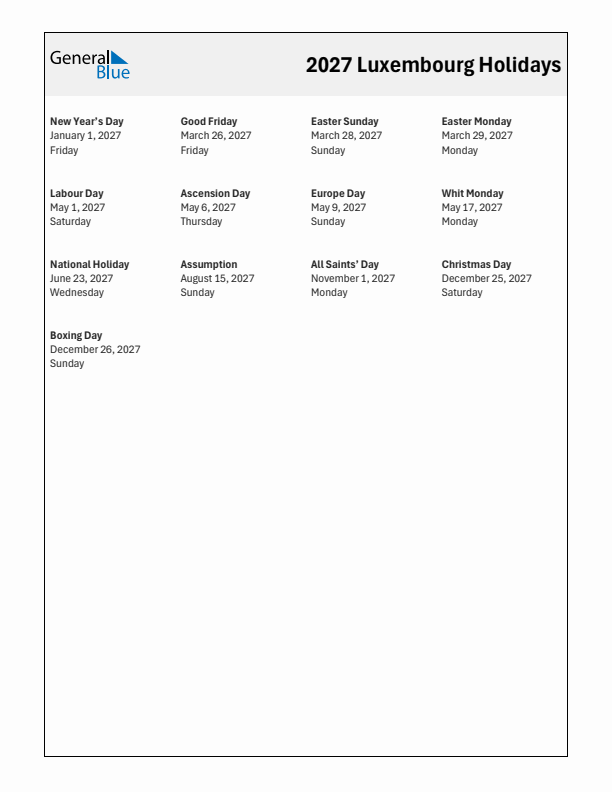 Free printable list of Luxembourg holidays for year 2027