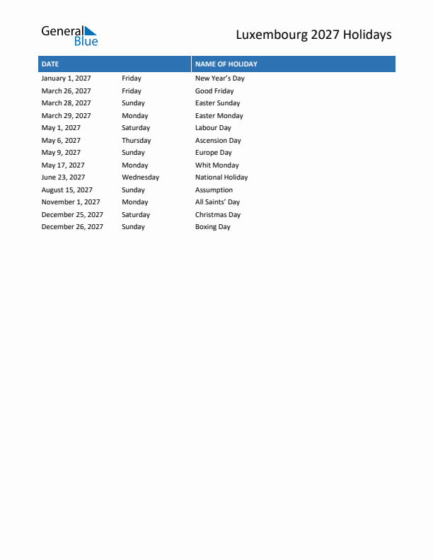 Free printable list of Luxembourg holidays for year 2027