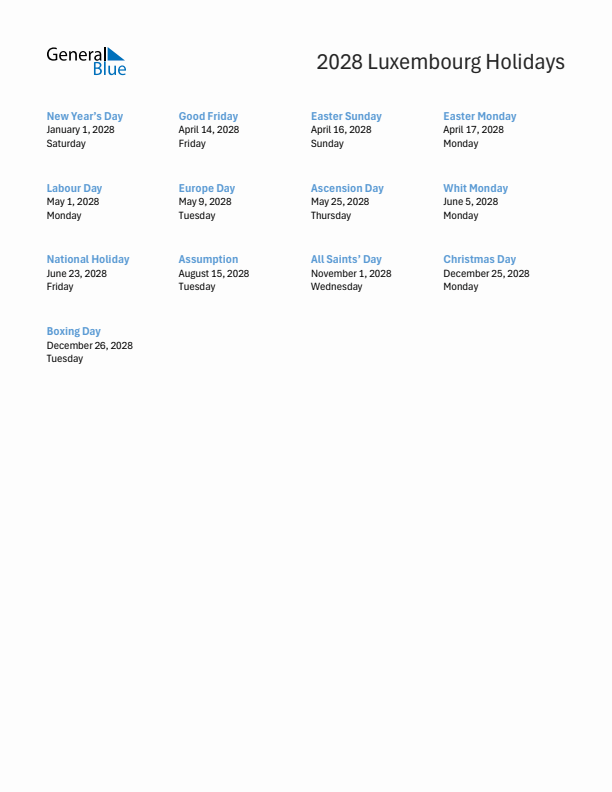 Free printable list of Luxembourg holidays for year 2028