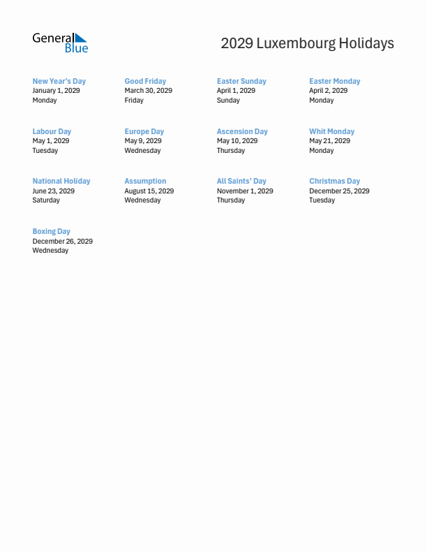 Free printable list of Luxembourg holidays for year 2029