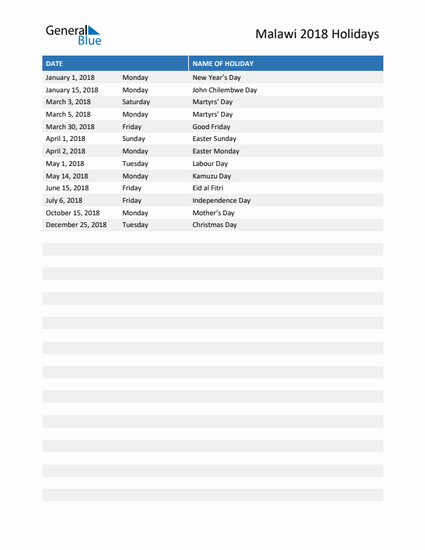 Free printable list of Malawi holidays for year 2018