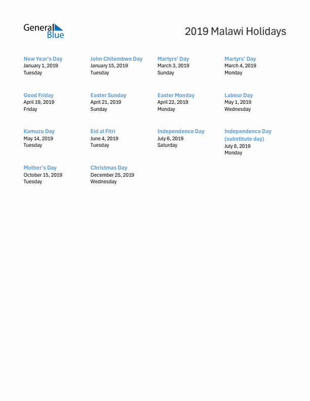 Free printable list of Malawi holidays for year 2019
