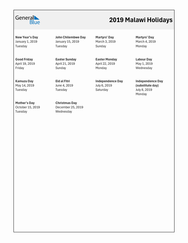 Free printable list of Malawi holidays for year 2019