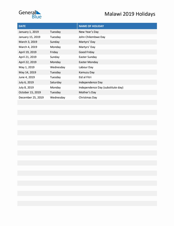 Free printable list of Malawi holidays for year 2019