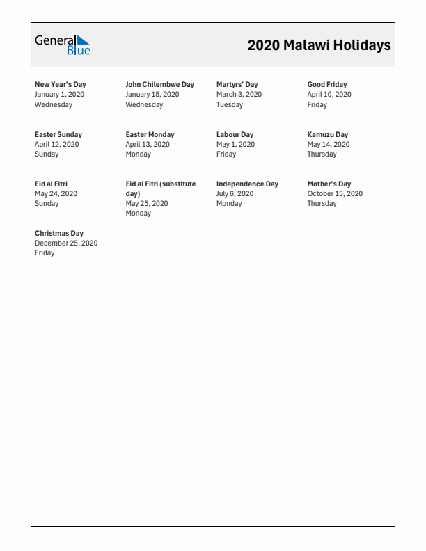 Free printable list of Malawi holidays for year 2020