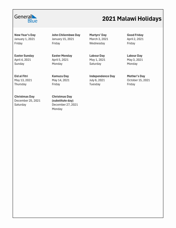 Free printable list of Malawi holidays for year 2021