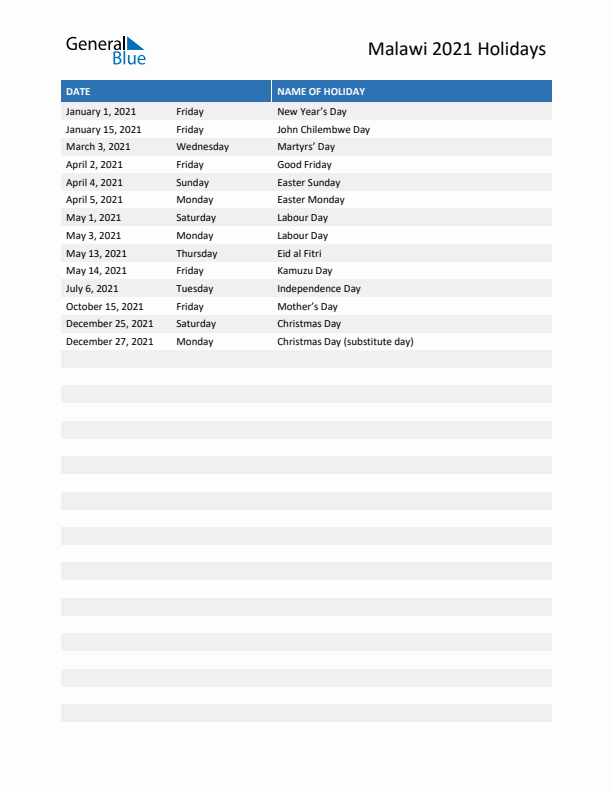 Free printable list of Malawi holidays for year 2021