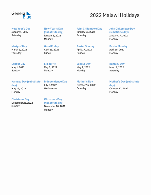 Free printable list of Malawi holidays for year 2022