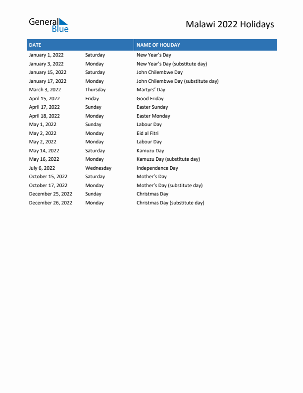 Free printable list of Malawi holidays for year 2022