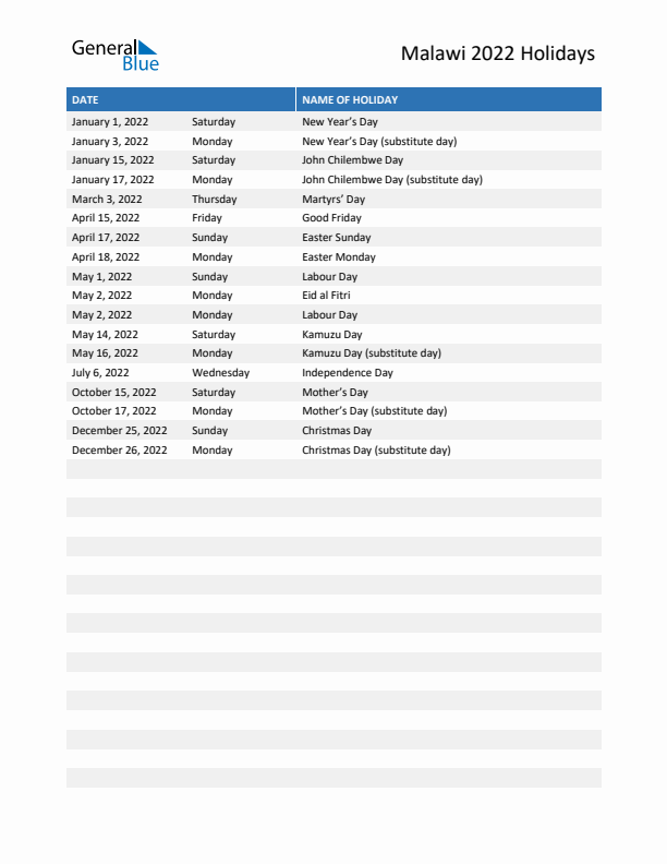 Free printable list of Malawi holidays for year 2022