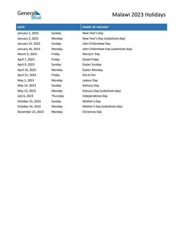 Free printable list of Malawi holidays for year 2023