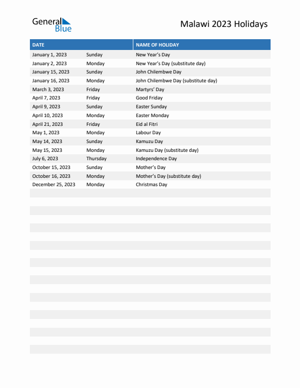 Free printable list of Malawi holidays for year 2023