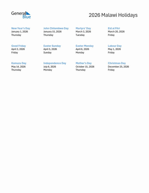 Free printable list of Malawi holidays for year 2026