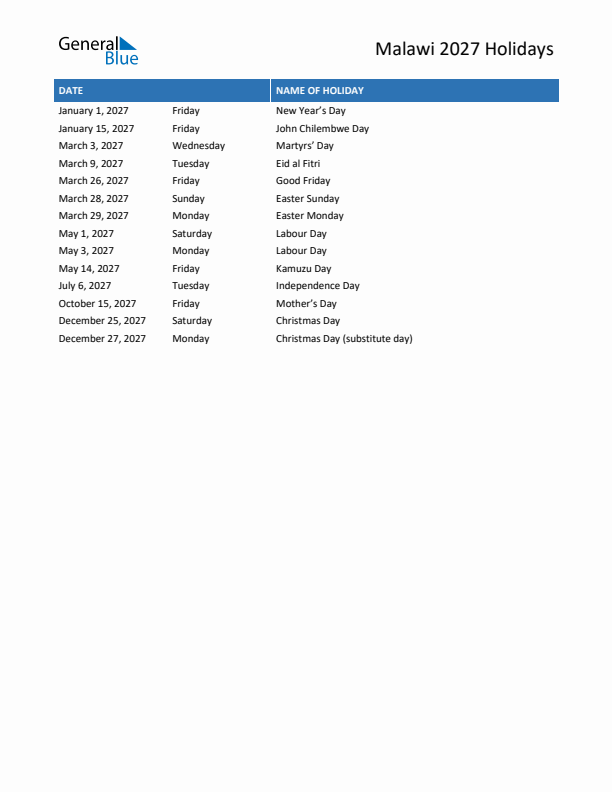 Free printable list of Malawi holidays for year 2027