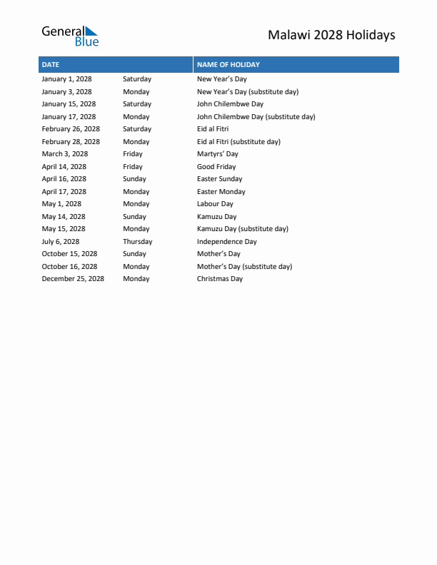 Free printable list of Malawi holidays for year 2028