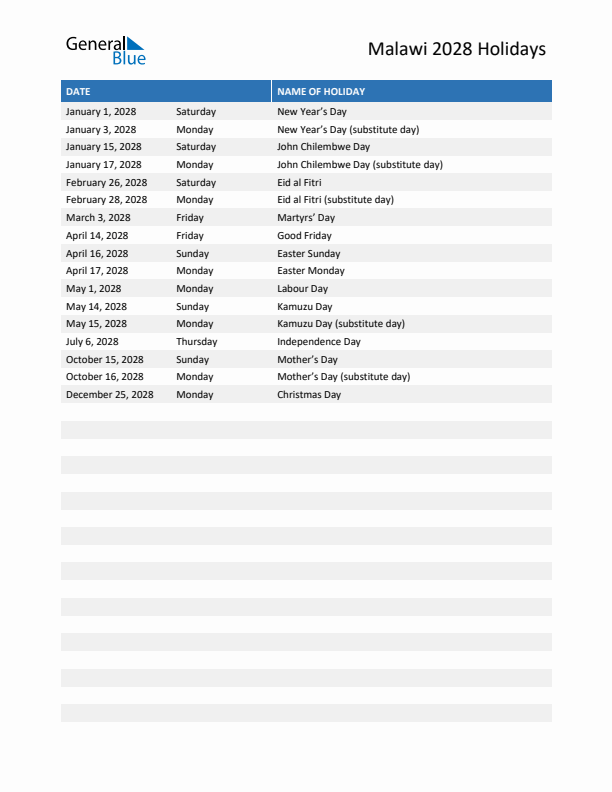 Free printable list of Malawi holidays for year 2028