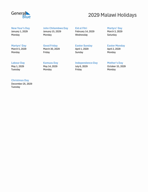 Free printable list of Malawi holidays for year 2029