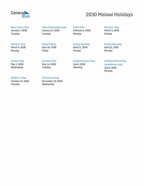 Free printable list of Malawi holidays for year 2030