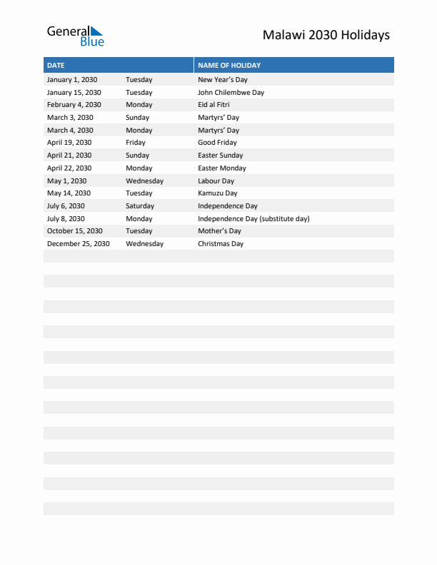 Free printable list of Malawi holidays for year 2030