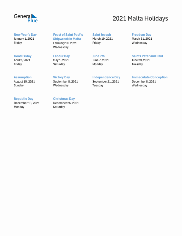 Free printable list of Malta holidays for year 2021