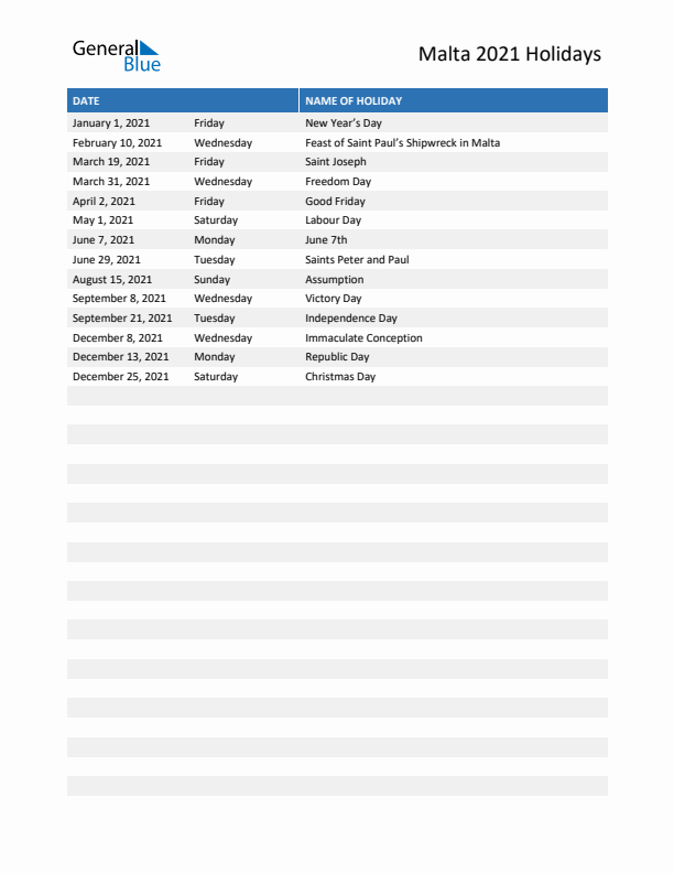 Free printable list of Malta holidays for year 2021