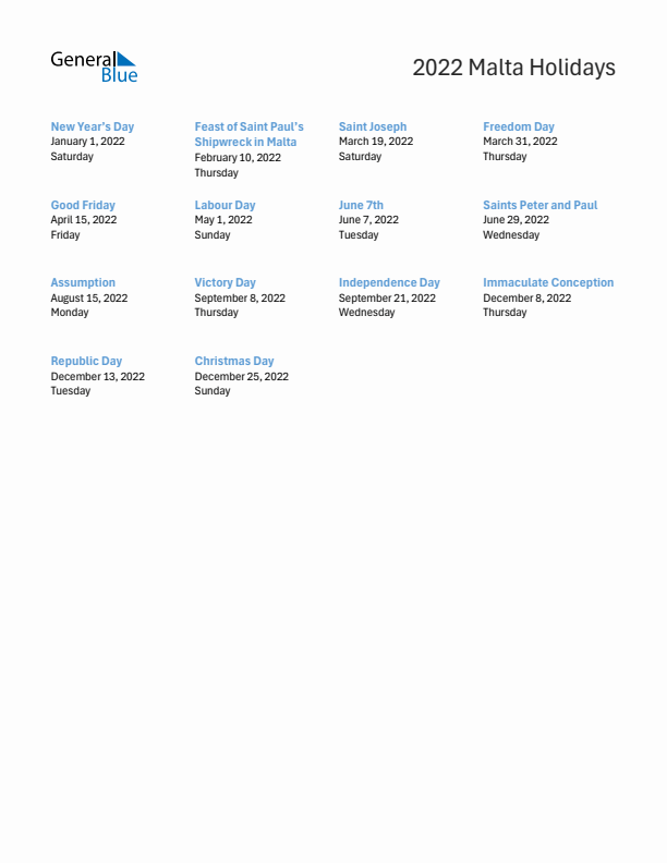 Free printable list of Malta holidays for year 2022