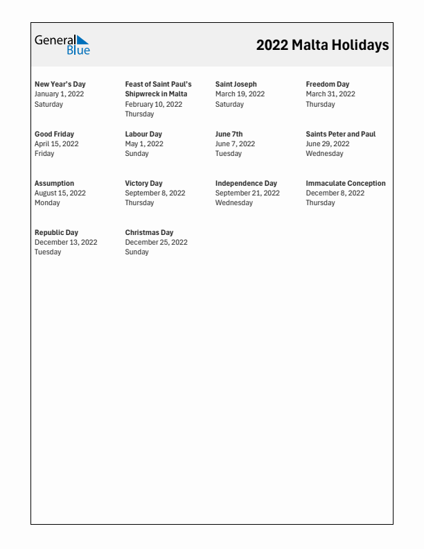 Free printable list of Malta holidays for year 2022