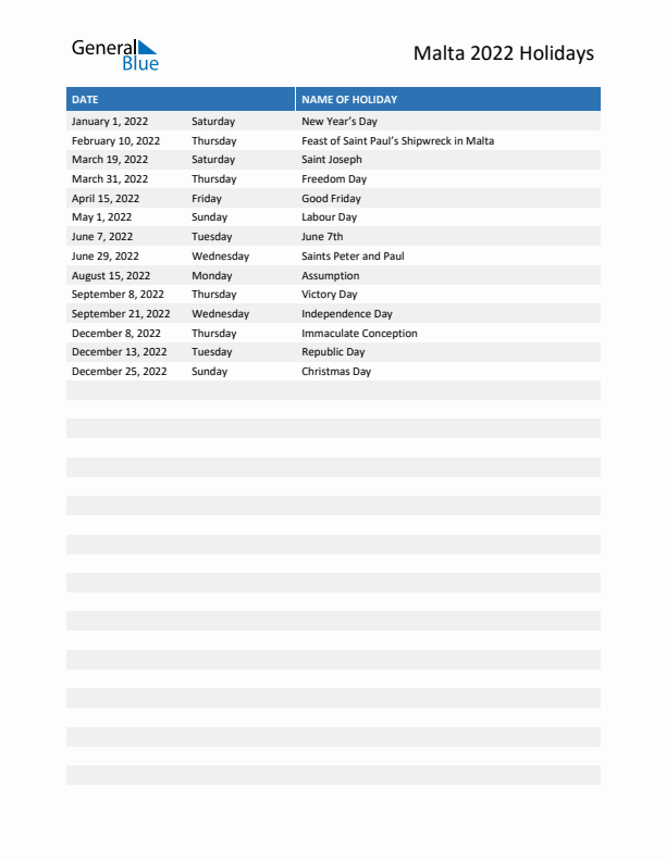 Free printable list of Malta holidays for year 2022