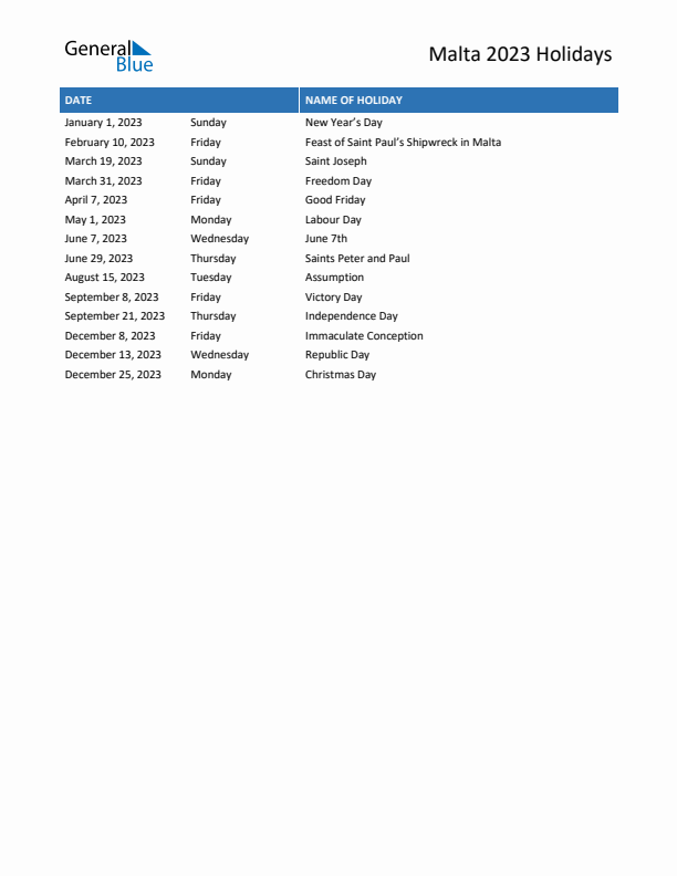 Free printable list of Malta holidays for year 2023