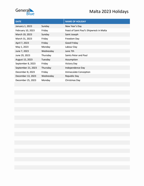 Free printable list of Malta holidays for year 2023