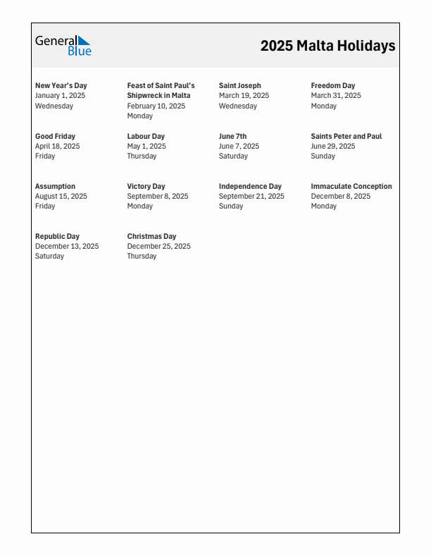 Free printable list of Malta holidays for year 2025