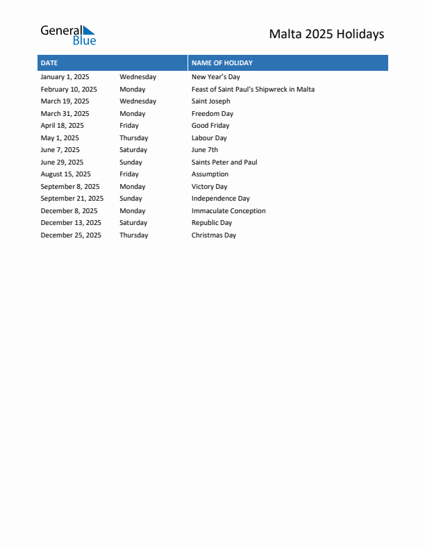 Free printable list of Malta holidays for year 2025