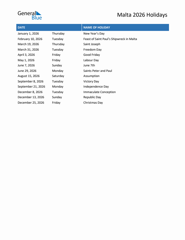 Free printable list of Malta holidays for year 2026