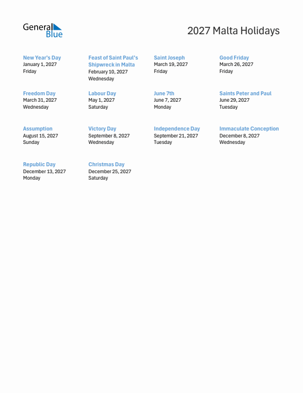 Free printable list of Malta holidays for year 2027