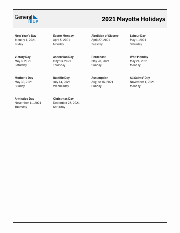 Free printable list of Mayotte holidays for year 2021