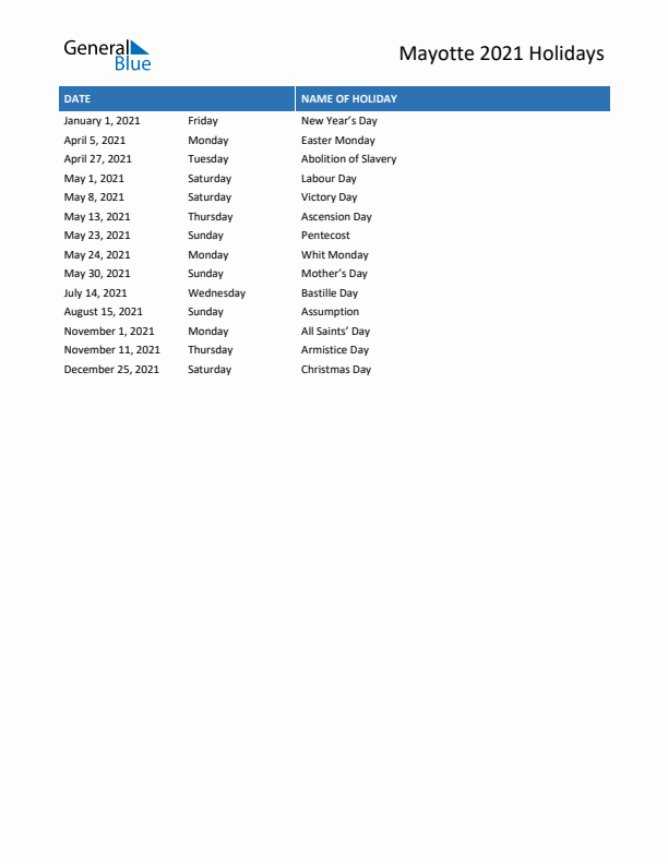 Free printable list of Mayotte holidays for year 2021