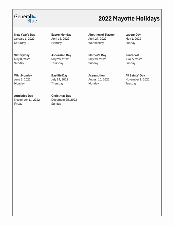 Free printable list of Mayotte holidays for year 2022