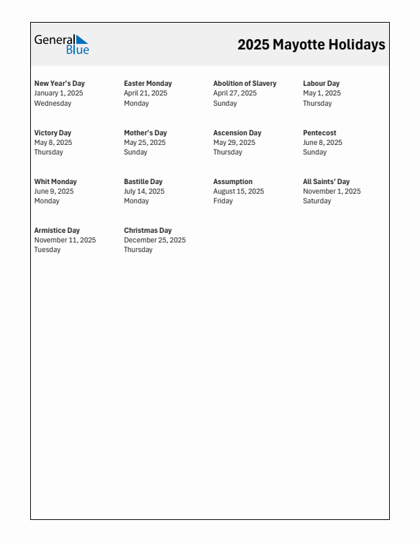 Free printable list of Mayotte holidays for year 2025