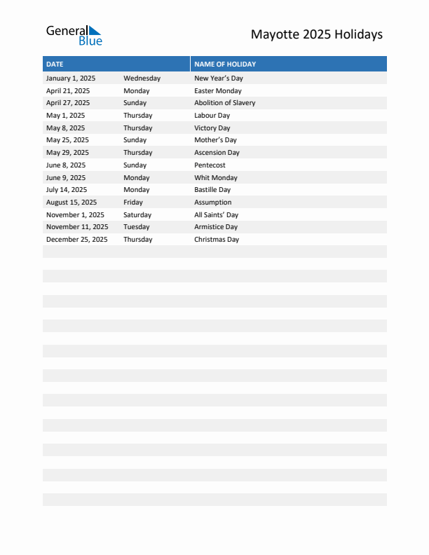 Free printable list of Mayotte holidays for year 2025